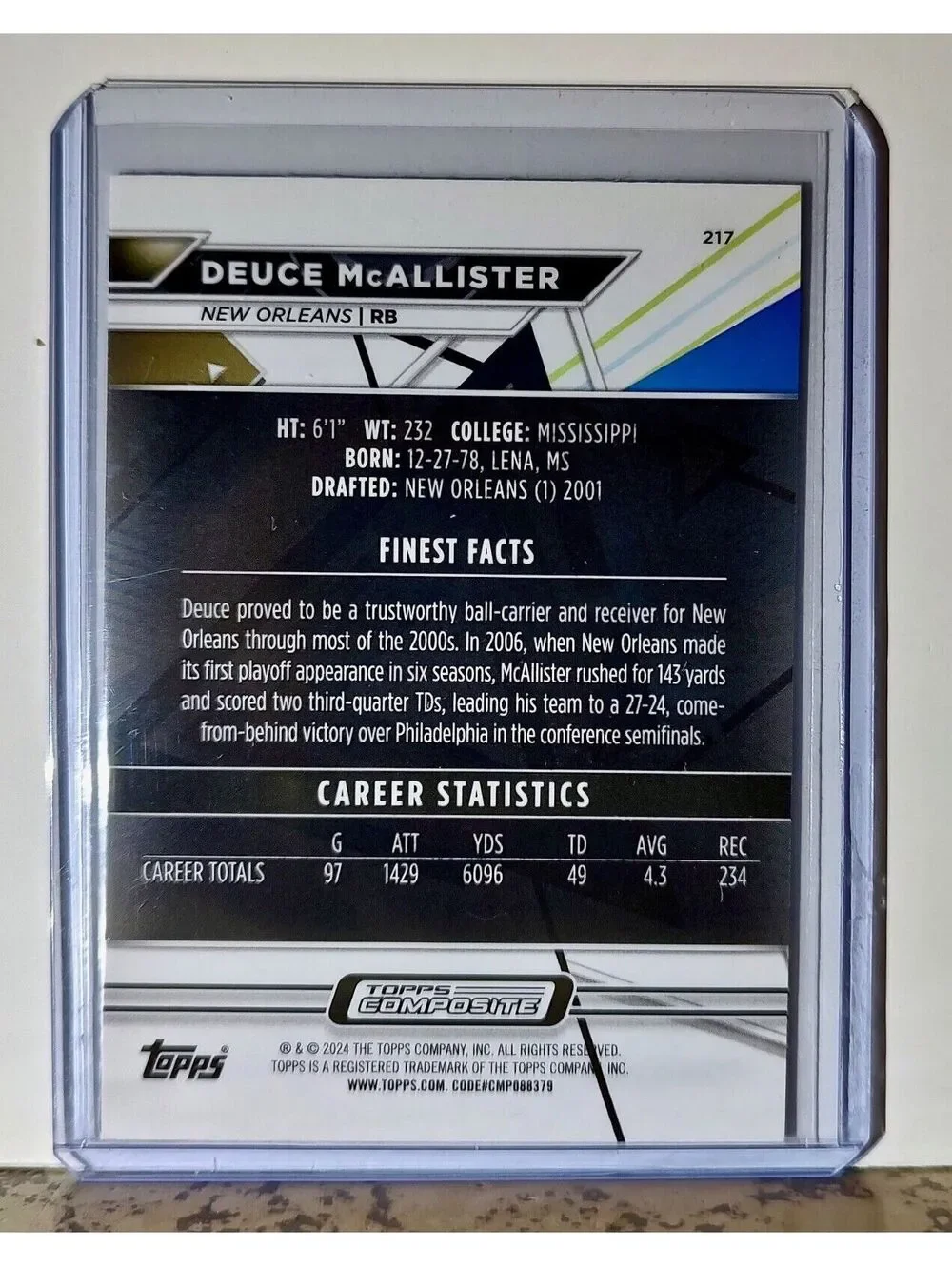 Deuce McAllister 2023 Topps Finest NFL #217 Football Card New Orleans Saints